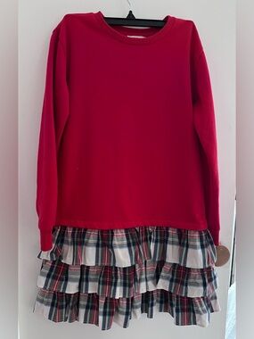 Vineyard Vines Girls Red Sweater Dress with Plaid Ruffle Hem